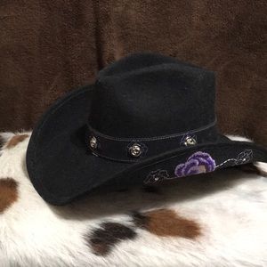 Black Felt Cowboy Hat/Purple Flower, Silver Rose